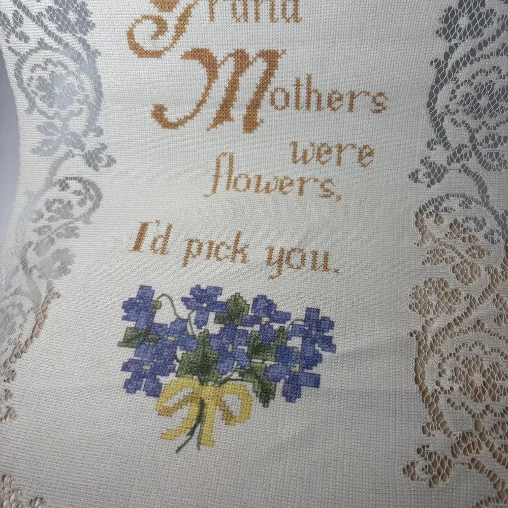 Vintage Cross‎ Stitch Style Wall Hanging OS Cream Grandmother Flower Lace Banner